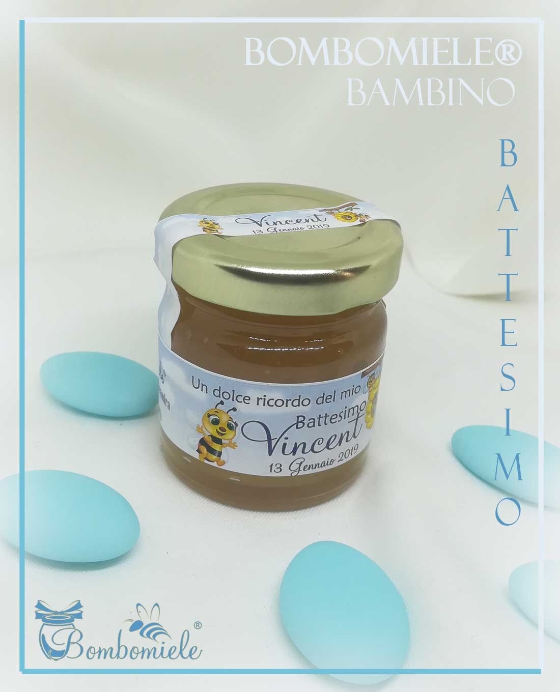 Bomboniera o Segnaposto per Annuncio di nascita bambino con 5 confetti vasetto  miele gr 50